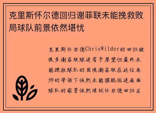 克里斯怀尔德回归谢菲联未能挽救败局球队前景依然堪忧
